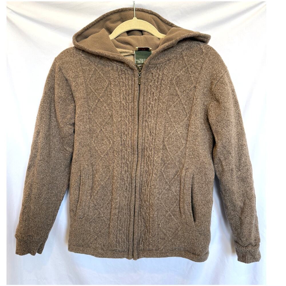 Carraig Donn Ireland Cable Knit Wool Zip Up Hoodie Sweater, Oatmeal Tan, Small